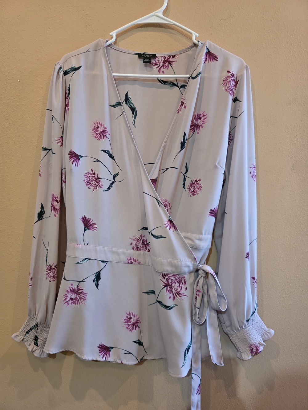Ann Taylor Factoyy Lilac Wrap Blouse with Pink Floral Print